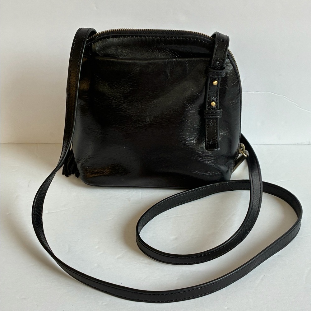 HOBO Nash Black Glossy Leather Crossbody Tassel Handbag Purse - Picture 5 of 11